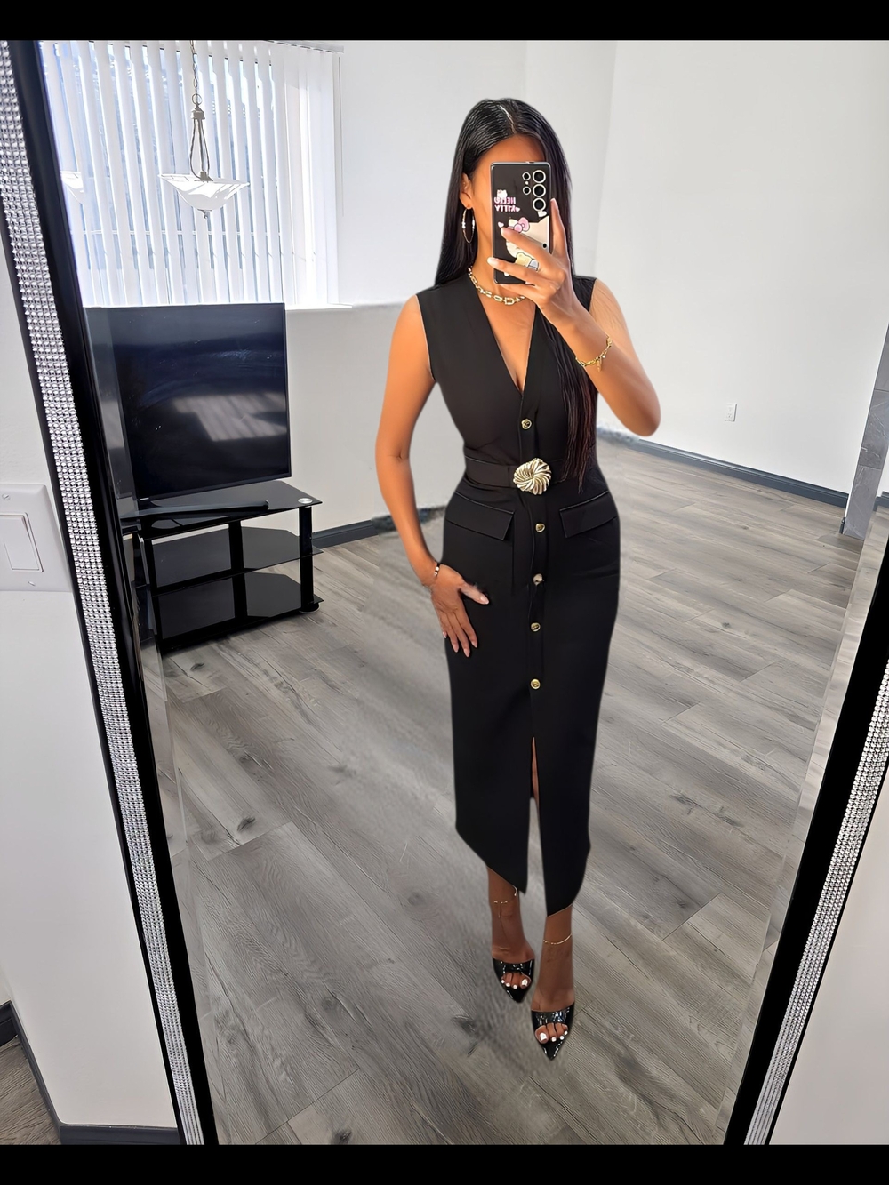 Sleeveless Black Button-Front Midi Dress with Gold Accent